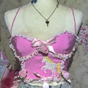 The Rapunzel 🦄🎀🪽 ooak crop top embroidered unicorn dolly pink bows wings cute
